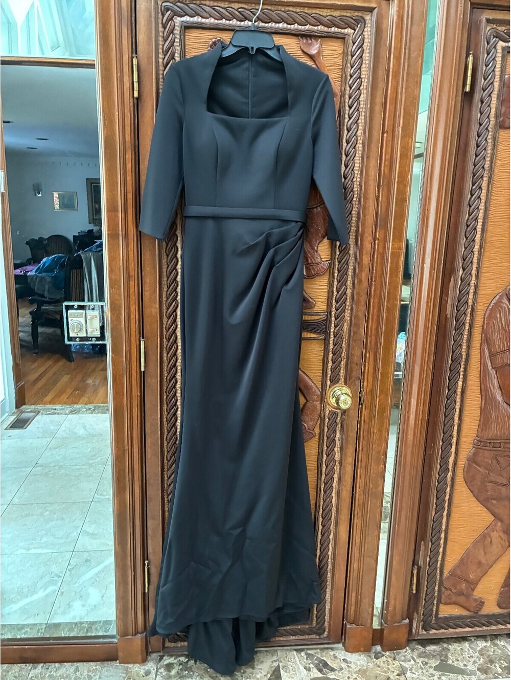 Designer Queen Anne Neckline Mermaid Gown 3/4 Sleeves Black Modest sz 6 Ruched - Picture 5 of 5